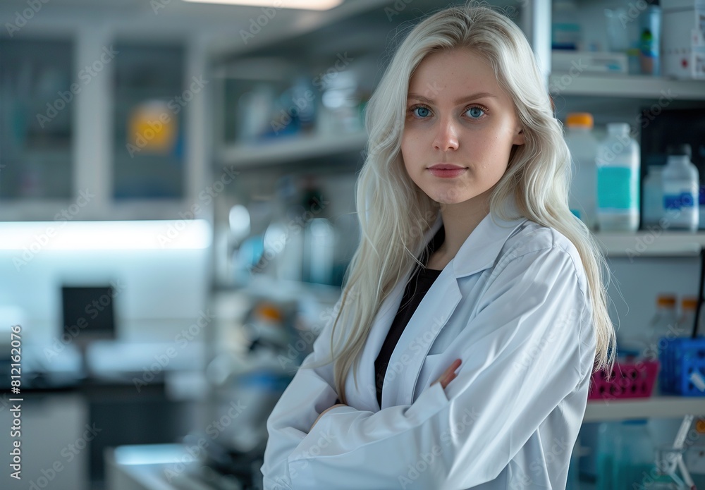 Fototapeta premium Young blonde woman doctor standing with arms crossed in a laboratory.