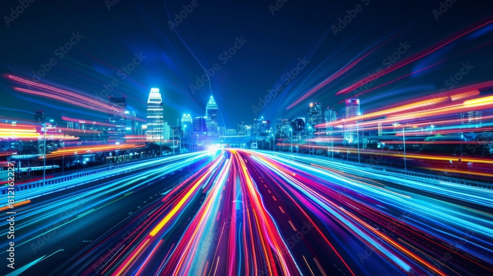 Smart city with speed line glowing light trail surround the city. big data connection technology concept Smart city with speed line glowing light trail surround the city. big data connection technology concept