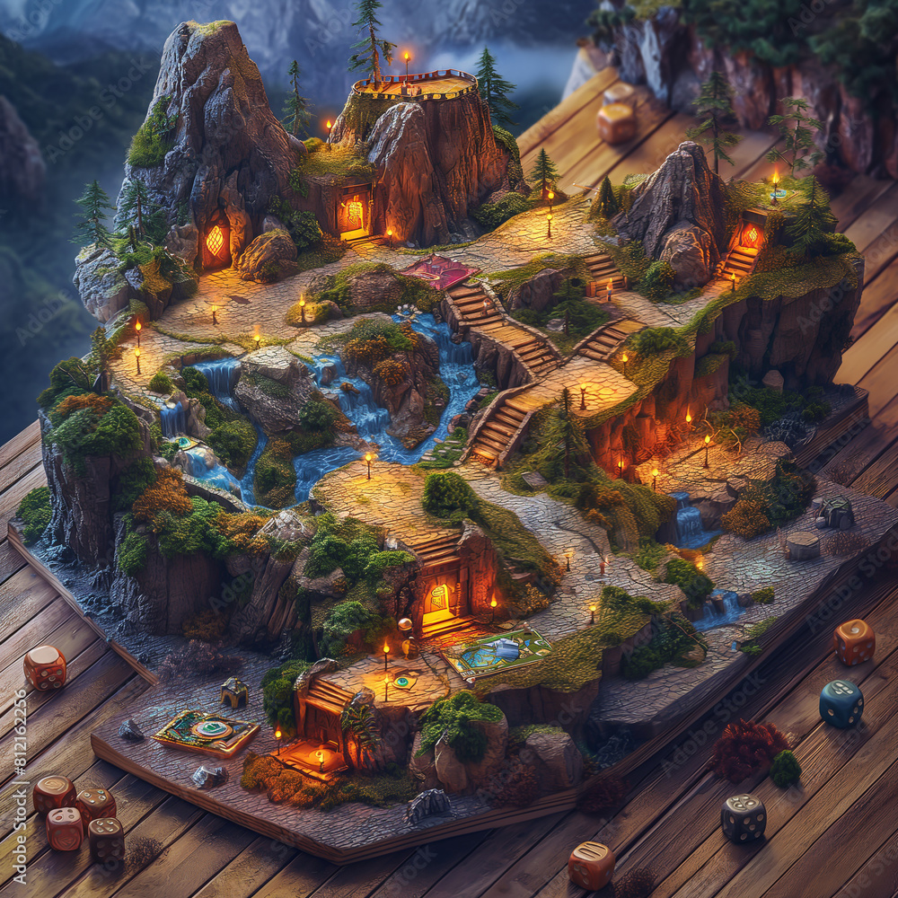 Obraz premium Fantasy tabletop role-playing game with dice and a game board with mountains, bridges, rivers and trees.