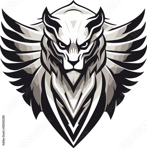 A sphinx cat with a menacing look on its face. The cat is surrounded by a diamond shape.