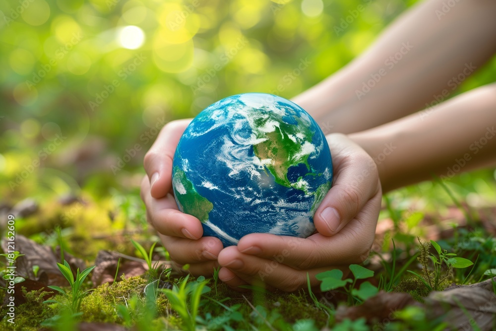 Hands Holding Earth Globe in Nature Setting Hands Holding Earth Globe in Nature Setting