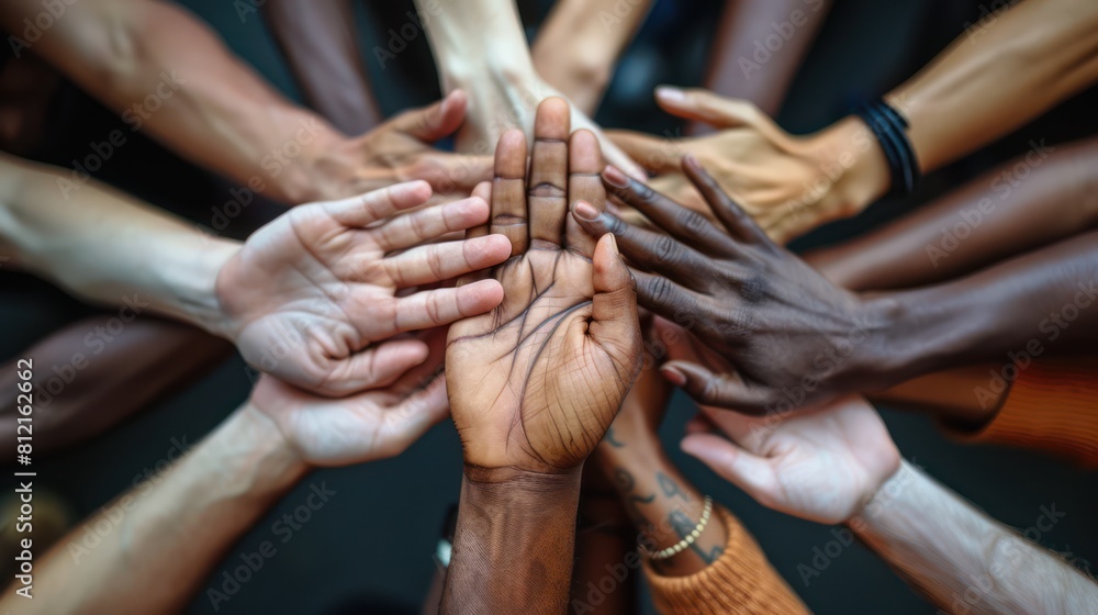 Unity in Diversity: Multiracial Group of People Giving High Fives and Touching Hands on Black Background