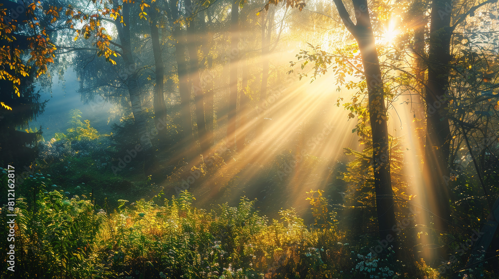 Beautiful rays of sunlight in a green forest in autumn. Generative AI Beautiful rays of sunlight in a green forest in autumn. Generative AI