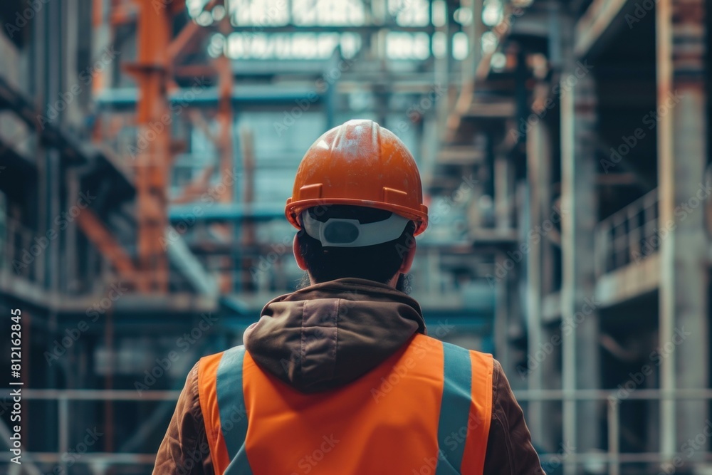 Construction worker wearing safety gear overlooking a construction site with a hard hat and rear view vest. Engaged in the hard work of the construction industry Construction worker wearing safety gear overlooking a construction site with a hard hat and rear view vest. Engaged in the hard work of the construction industry