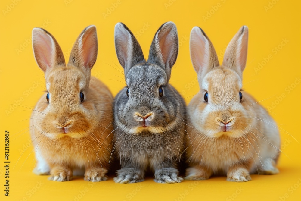 Fototapeta premium Three adorable pet rabbits, their fluffy fur vibrant against a beige background, evoke Easter charm.