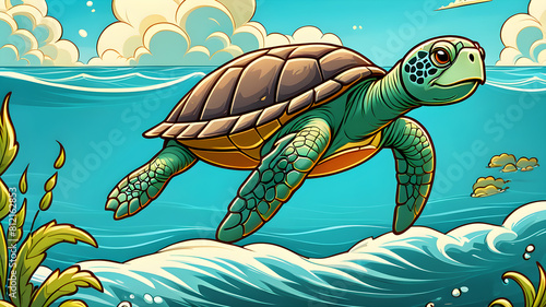 colorful children s illustration of turtle. cute cartoon turtle on the background of the sea.