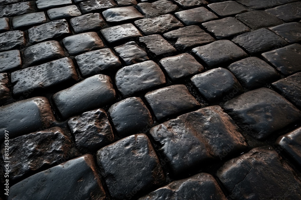 Glossy Black cobble stone. Wall street. Generate Ai Glossy Black cobble stone. Wall street. Generate Ai