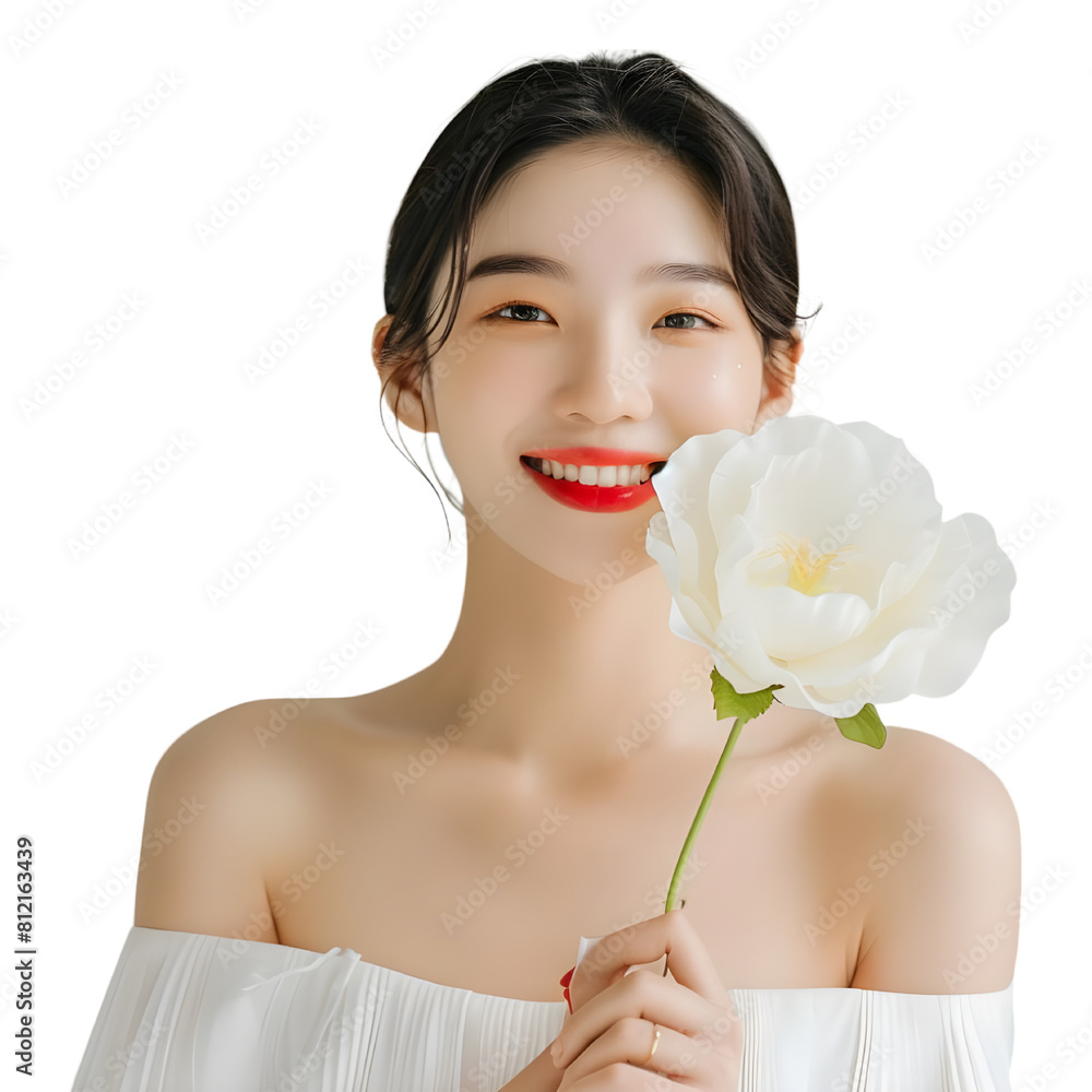 Korean female model holding white flower png Korean female model holding white flower png