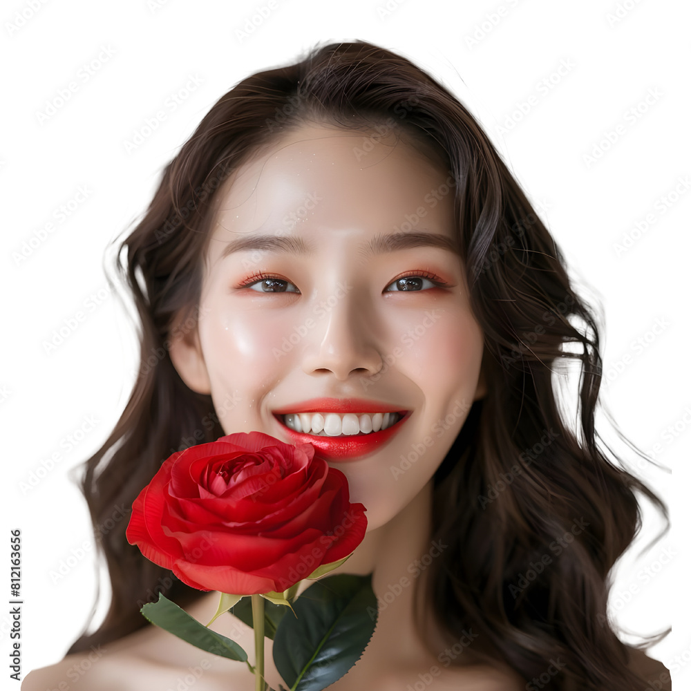 Korean female model holding red flower png Korean female model holding red flower png