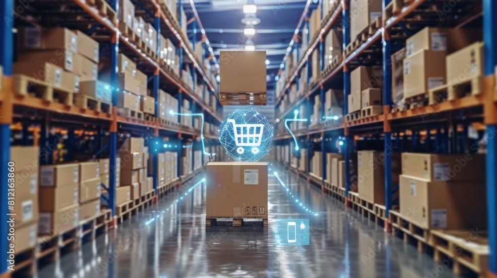 Smart warehouse management system with innovative internet of things technology to identify package picking and delivery . Future concept of supply chain and logistic network business . Smart warehouse management system with innovative internet of things technology to identify package picking and delivery . Future concept of supply chain and logistic network business .