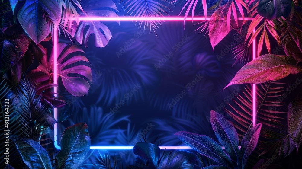 neon frame with tropical leaves on dark background, blue and pink neon light, glowing border around the rectangle shape neon frame with tropical leaves on dark background, blue and pink neon light, glowing border around the rectangle shape