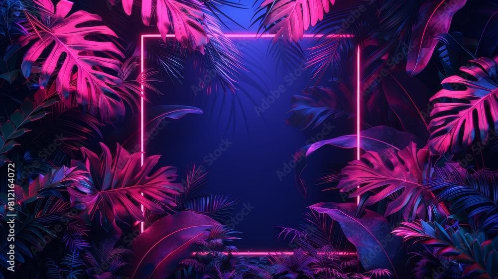 Neon tropical leaves frame background with copy space Neon tropical leaves frame background with copy space