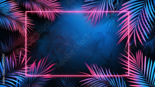 neon blue and pink rectangular frame with palm leaves on dark background  vector illustration