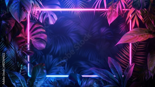 neon frame with tropical leaves on dark background  blue and pink neon light  glowing border around the rectangle shape