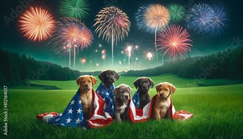 A litter of puppies wrapped in an American flag, sitting together in a lush green field under a night sky lit photo