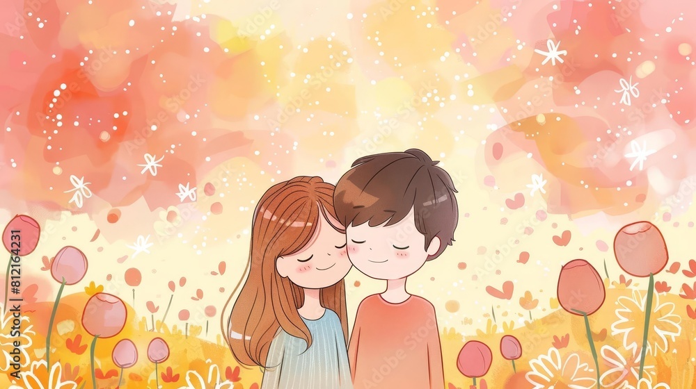 adorable chibi anime couple on delightful date cute minimalist illustration with pastel background adorable chibi anime couple on delightful date cute minimalist illustration with pastel background