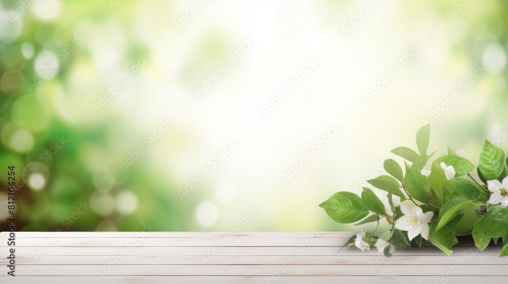 Empty of wooden table top with blurry green leaf and bokeh background. For montage product display or design key visual layouts. Empty of wooden table top with blurry green leaf and bokeh background. For montage product display or design key visual layouts.