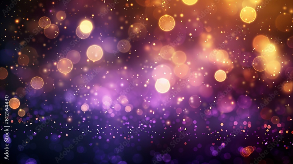 A blurred background of purple and gold lights with bokeh effects glittering particles Abstract background for design in the style of light golden, dark violet, and black