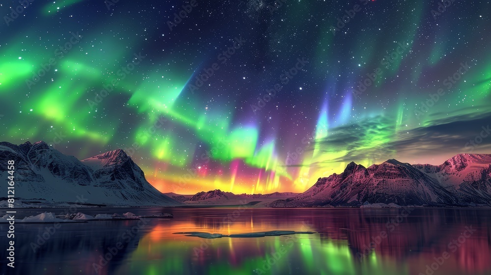 A breathtaking view of the Northern Lights dancing above snowcovered mountains