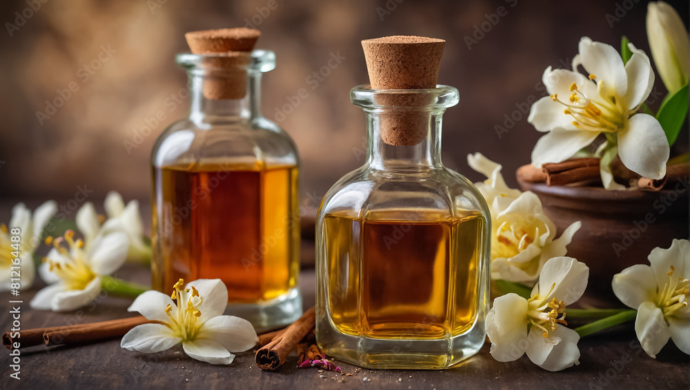 Bottles with cosmetic oil, vanilla flower on old background lifestyle Bottles with cosmetic oil, vanilla flower on old background lifestyle