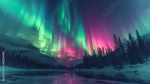 A breathtaking view of the Northern Lights dancing above snowcovered mountains photo