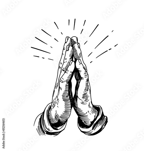 Hands in prayer, engraving style. Hand drawn set, vector illustration, black outline