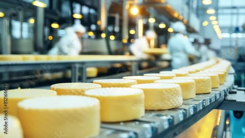 Efficient cheese factory workers process and package cheese wheels photo