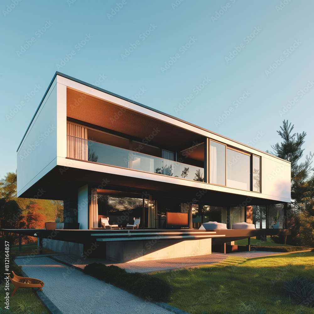 A stunning modern home featuring sleek architectural design with clean lines, expansive glass windows, and a cantilevered upper floor. The house is set in a serene natural environment, enhancing its m A stunning modern home featuring sleek architectural design with clean lines, expansive glass windows, and a cantilevered upper floor. The house is set in a serene natural environment, enhancing its m