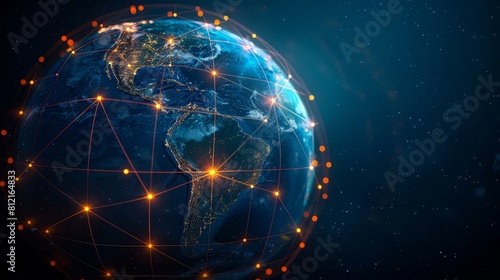 A digital globe highlighting the concepts of the world wide web and internet technology The Earth is depicted in a dark blue color with glowing orange dots representing nodes or co photo