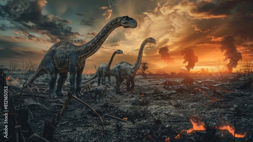 Fototapeta Naklejka Na Ścianę i Meble -  AI-generated majestic dinosaurs in a prehistoric landscape. Global Earth disaster. The concept of dinosaur extinction.