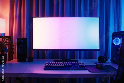 Gamer computer set Blank monitor screen in colorfully lit room for gaming or live streaming.