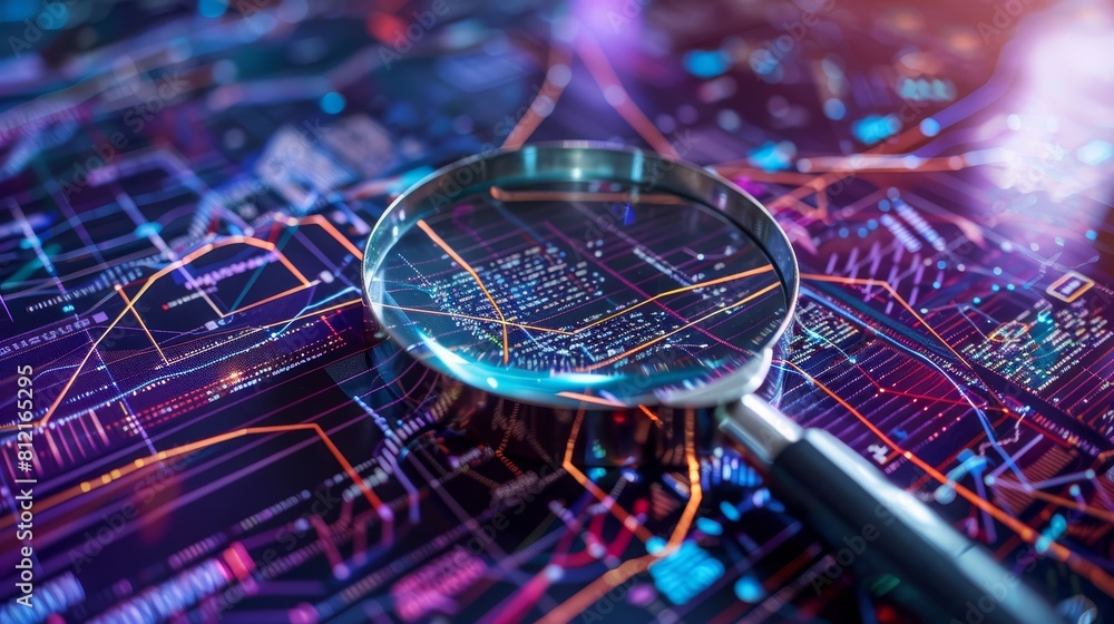 A magnifying glass over digital data with glowing lines and charts ...