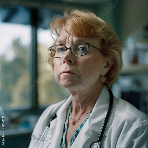Serious elderly Caucasian female doctor with glasses, standing in a laboratory or medical office. She wears a white lab coat with a stethoscope around her neck and has reddish-blonde hair.