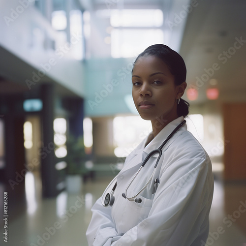 Confident African American female doctor standing in a hospital hallway, wearing a white lab coat with a stethoscope around her neck, looking directly at the camera with a serious expression.