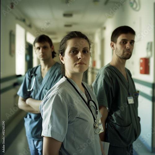 Three young healthcare professionals in scrubs, standing in a hospital corridor with serious expressions. Two men and one woman, all with stethoscopes, represent a diverse medical team.