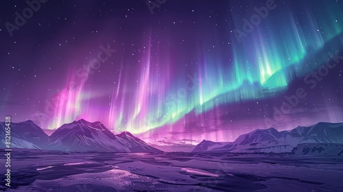 A purple aurora borealis illuminating the night sky over an icy tundra with snowcovered mountains in background The colors of violet