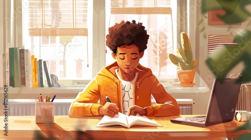 africanamerican boy doing homework at table in cozy living room at home digital painting photo