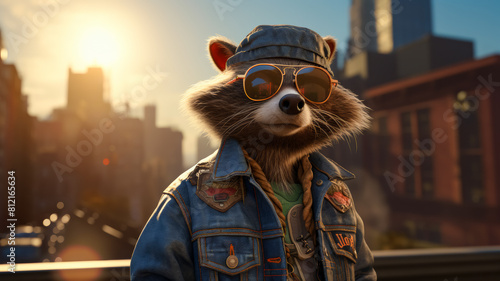 Envision a fashionable raccoon in a denim jacket, accessorized with a beanie hat and a messenger photo