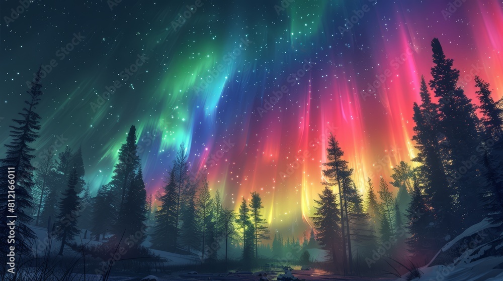aurora borealis in the sky, pine trees, colorful lights, fantasy illustration style, digital art