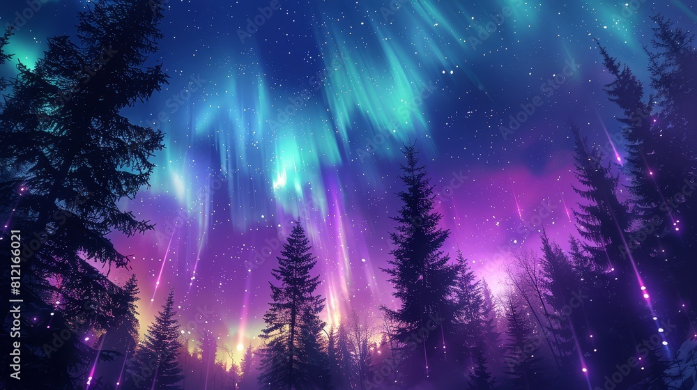 aurora borealis in the sky, trees with lights on them, purple and blue colors, fantasy, digital art style aurora borealis in the sky, trees with lights on them, purple and blue colors, fantasy, digital art style