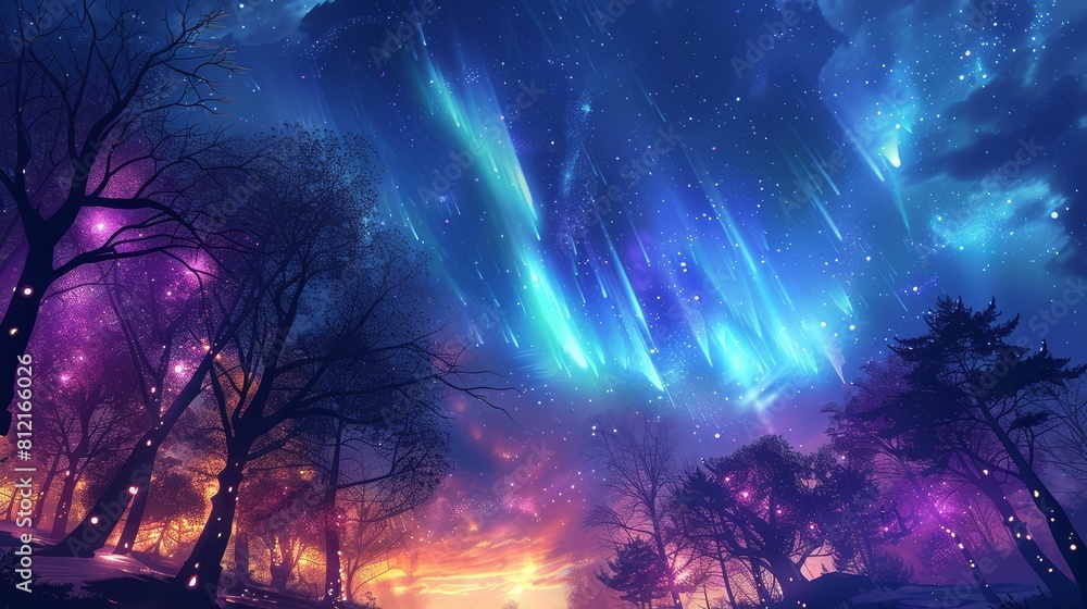 aurora borealis in the sky, trees with lights on them, purple and blue colors, fantasy, digital art style
