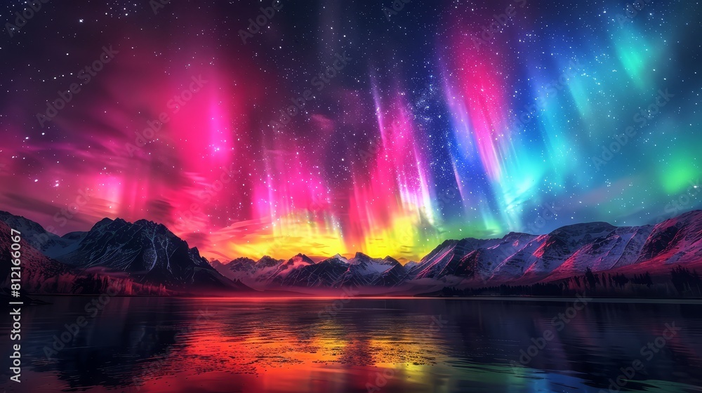Beautiful northern lights over mountains and lake, in the style of photorealistic