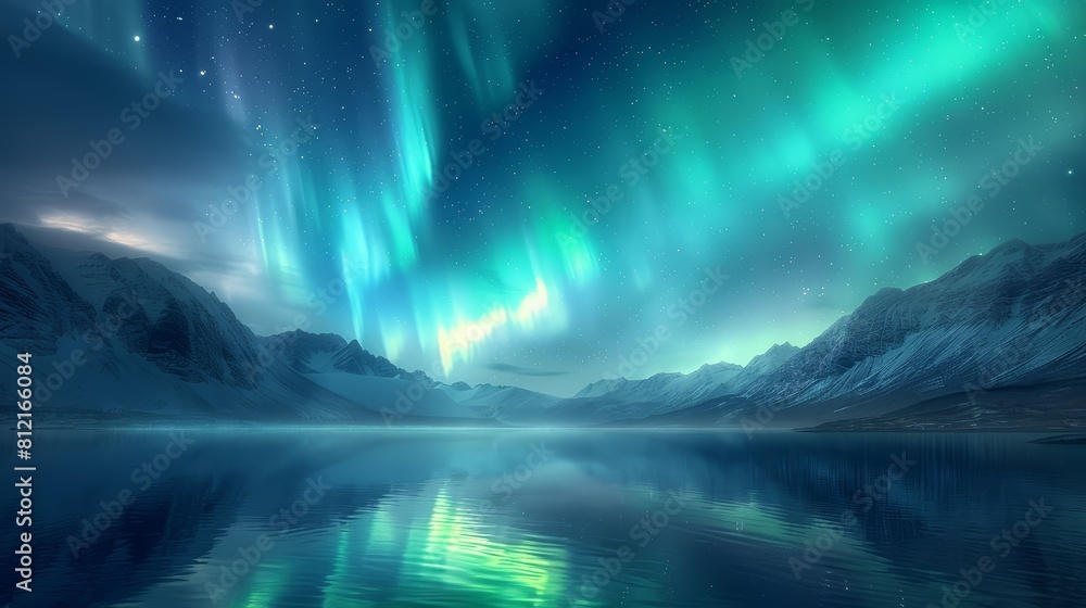 Beautiful northern lights over mountains and lake, in the style of photorealistic