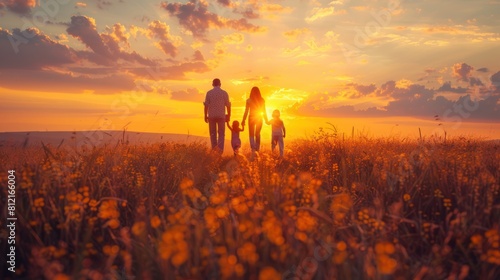 Family Hand in Hand: Back View of Happy Mother, Father, Son, and Daughters Walking on Lawn at Sunset