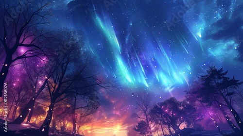 aurora borealis in the sky  trees with lights on them  purple and blue colors  fantasy  digital art style
