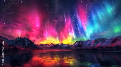 Beautiful northern lights over mountains and lake  in the style of photorealistic