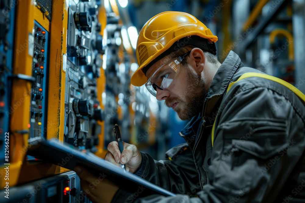A concentrated technician wearing a yellow hard hat checks control systems in an industrial environment. A concentrated technician wearing a yellow hard hat checks control systems in an industrial environment.