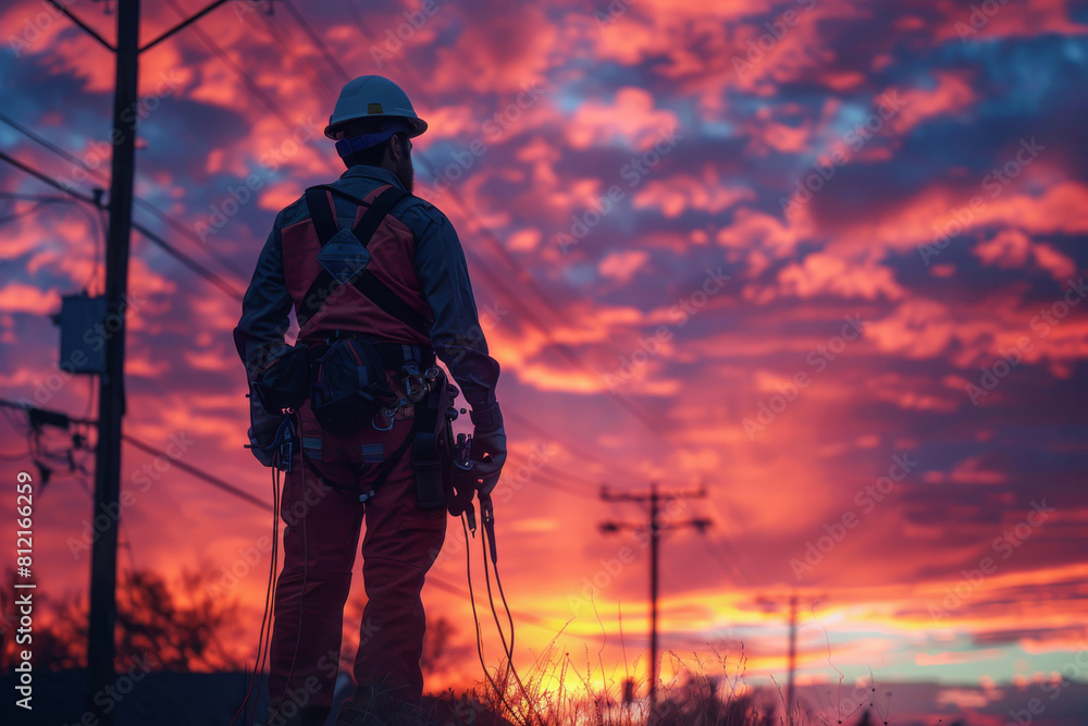 A lineman equipped with safety tools looks on at the network of power lines under a captivating twilight sky. A lineman equipped with safety tools looks on at the network of power lines under a captivating twilight sky.