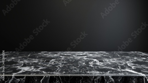 Black marble table with copy space on dark background, product display template for advertising banner design photo