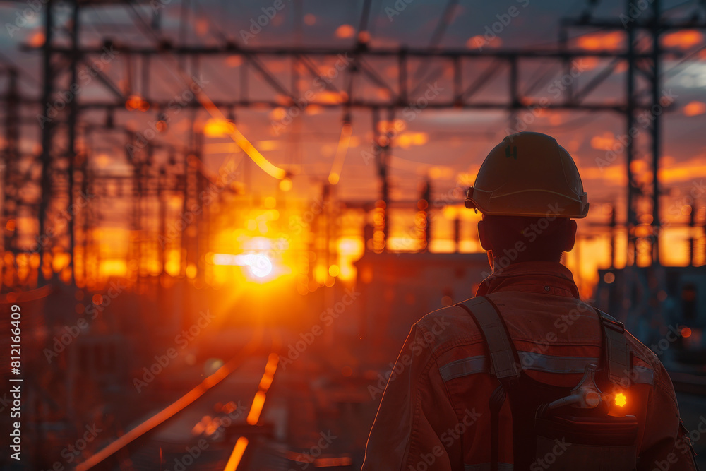 Back view of an electric grid worker observing the power station structures during a vivid sunset. Back view of an electric grid worker observing the power station structures during a vivid sunset.